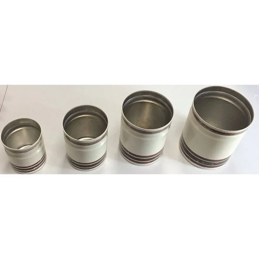 Vintage/Retro Set 4 Kromex Tan Brown Stripes Nesting Aluminum Canisters W/ LIDS
